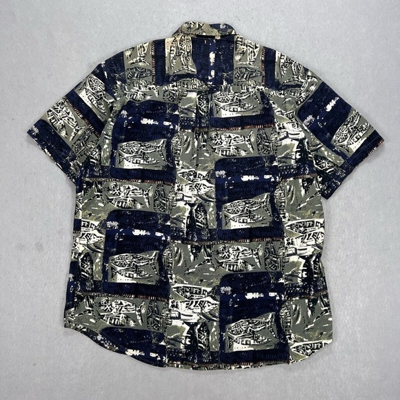 Columbia Mens Button Down Pocket Shirt Fish Fossil All Over Print Cotton Sz L - Picture 3 of 8